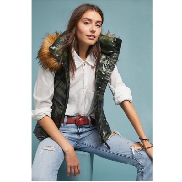 Anthropologie Jackets & Blazers - Anthropologie S13 Down Camo Vest Green Black Detachable Faux Fur XL